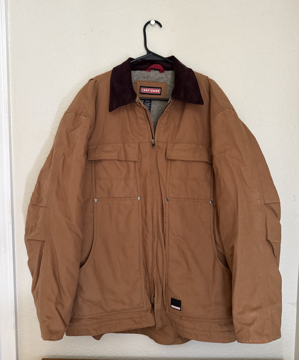Craftsman Brown Canvas Work Jacket Men's L Fleece Lined Coat Heavy Duty